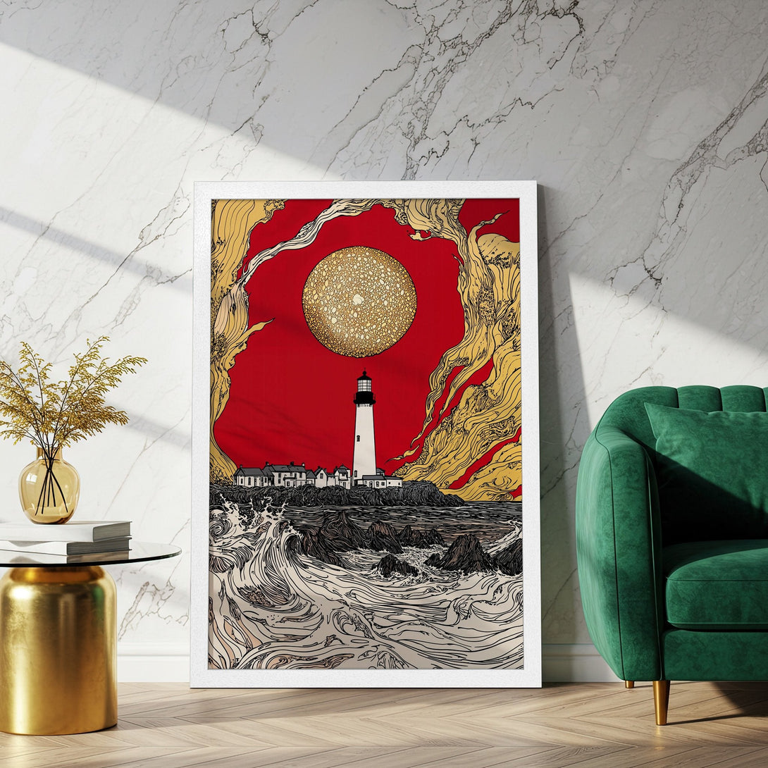 Framed Poster featuring a lighthouse in a vibrant style with a red, gold, and black color palette. Perfect wall art!