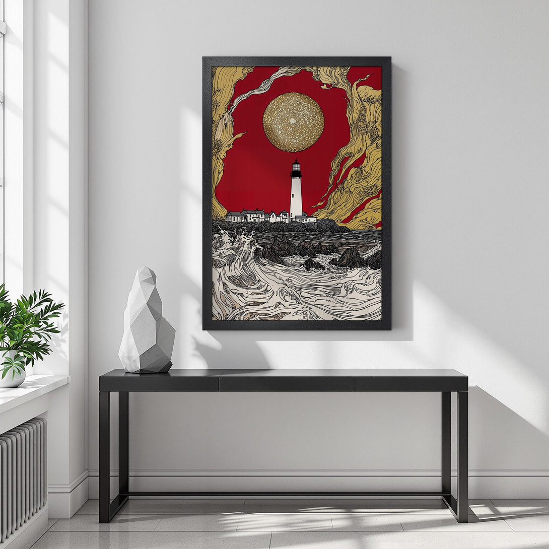 Framed Poster featuring a lighthouse illustration in a vibrant red, gold, and black palette. Modern art print for home decor.