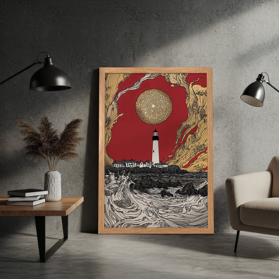 Framed Poster featuring a lighthouse art print in a bold red and gold color palette. Perfect wall art for any space!