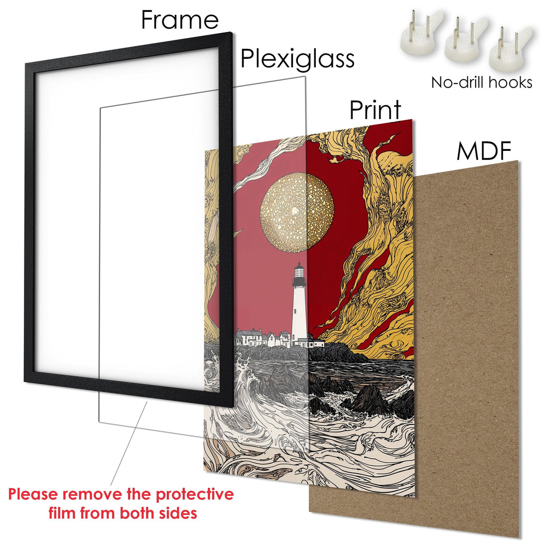 Framed Poster featuring a lighthouse art print, with a red and gold color palette. Perfect wall decor!