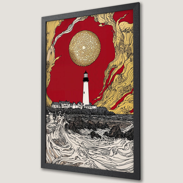 Framed Poster featuring a lighthouse, waves, and a striking red and gold color palette. Unique art print for your home!