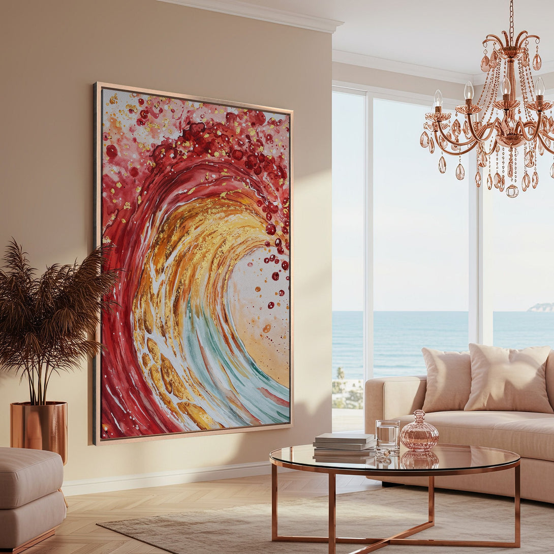 Framed Wall Art: Abstract wave art in warm red, gold, and teal tones. Modern canvas print adds coastal elegance to any living room.