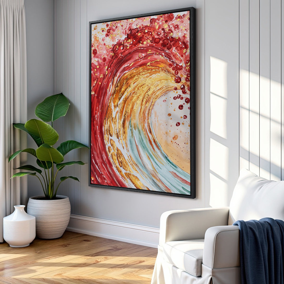 Framed Wall Art: Abstract wave canvas print in red, gold, and teal. Modern art for home decor, adding a splash of color and style.