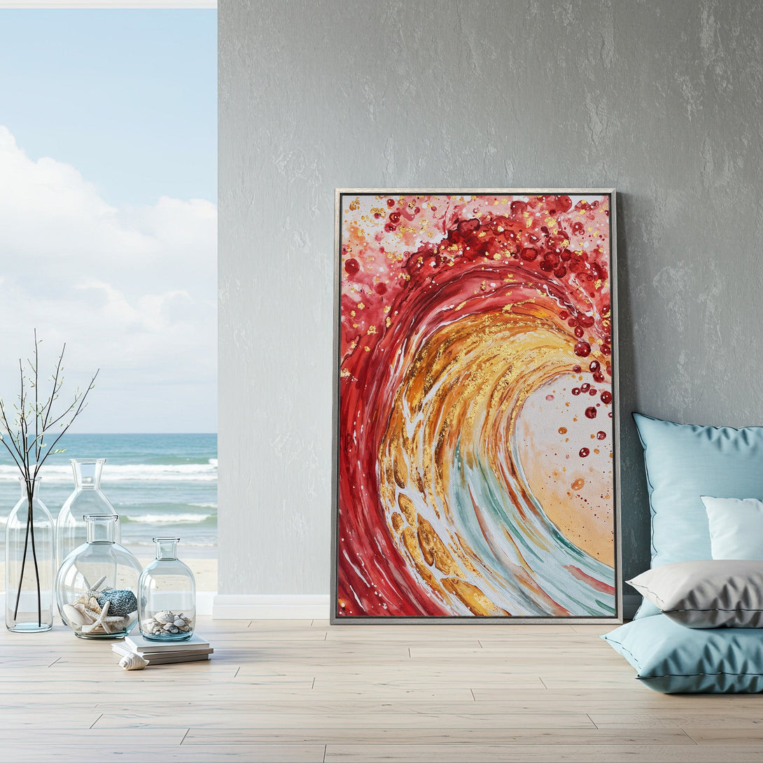 Framed Wall Art: Abstract wave art in red, gold, and teal. Coastal decor inspiration for your home. Shop canvas prints today!