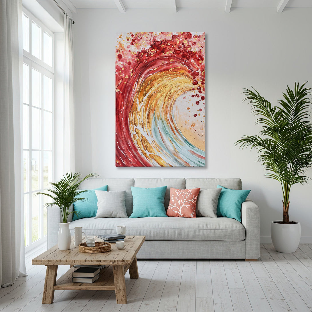 Framed Wall Art: Abstract wave art in red, gold, and aqua tones. Modern art canvas print for coastal home decor.