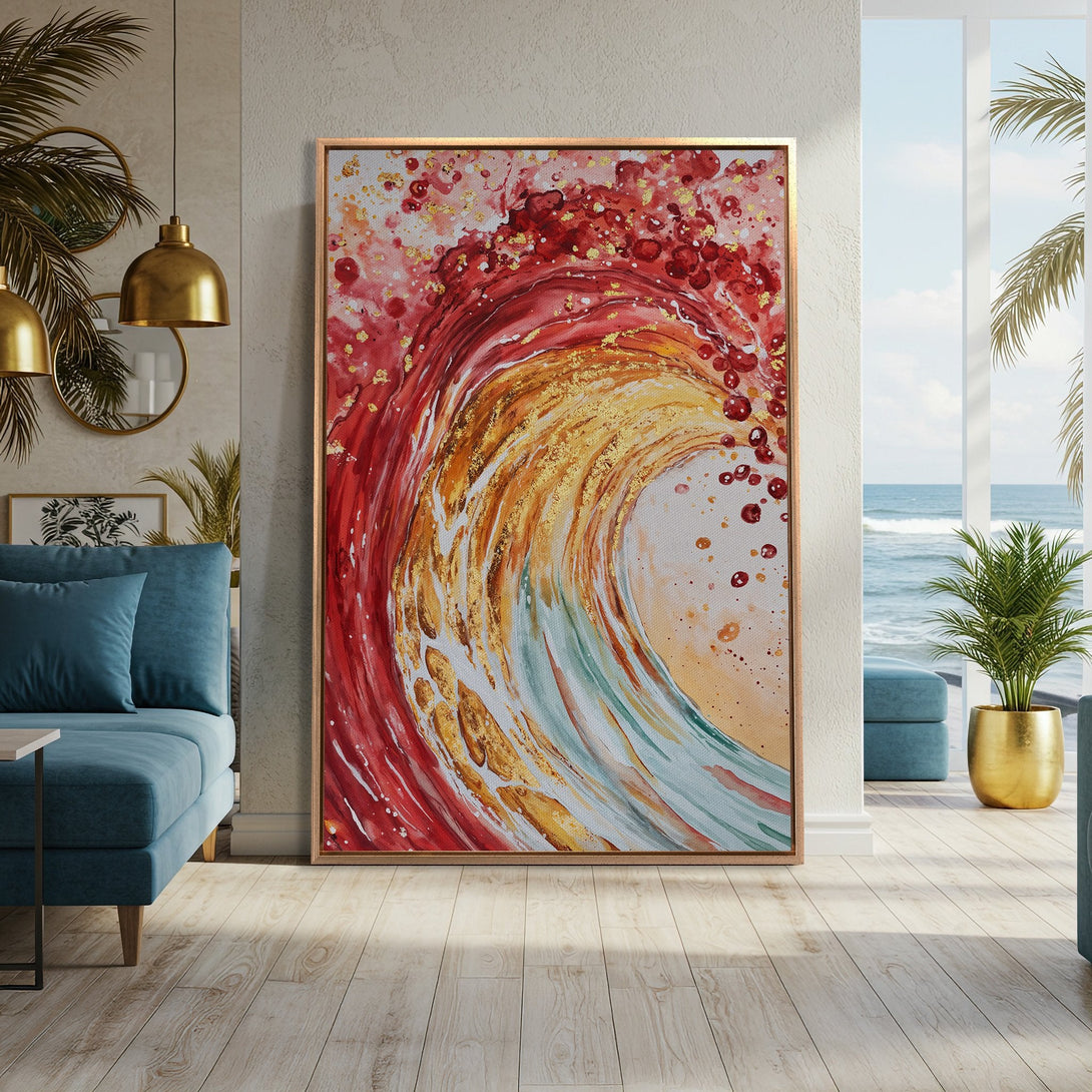 Framed Wall Art: Abstract wave art in red, gold, and yellow hues. Modern interior decor with a coastal vibe. Elevate your space with this stunning canvas print!