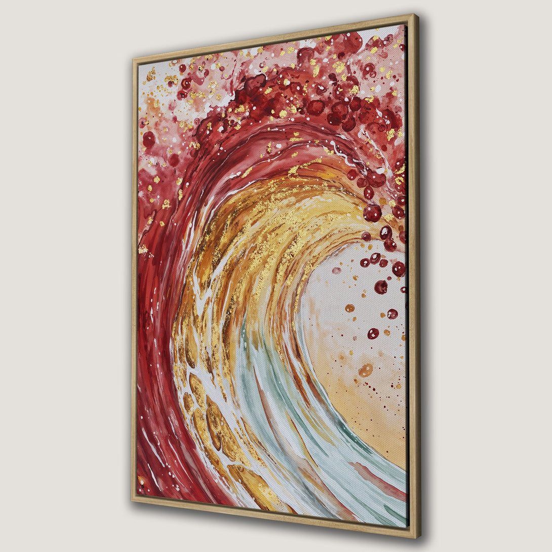 Framed Wall Art: Abstract wave art in red, gold, and yellow. Add a splash of color with this modern canvas print to your home decor.