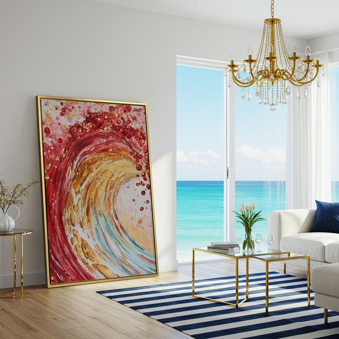 Abstract Canvas Print of a wave in red, gold, and blue tones. Modern art for your home decor, adding a splash of color.