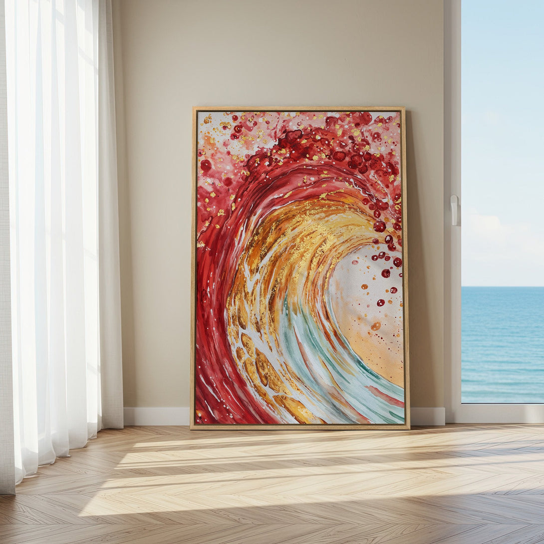 Framed Wall Art: Abstract wave in red, gold, and teal. Modern canvas print adds a pop of color to any space. Shop now for coastal vibes!