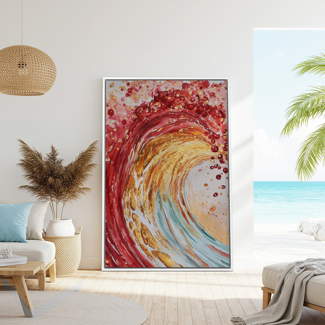Framed Wall Art featuring an abstract wave in red, gold, and turquoise. Modern art canvas print perfect for coastal decor.
