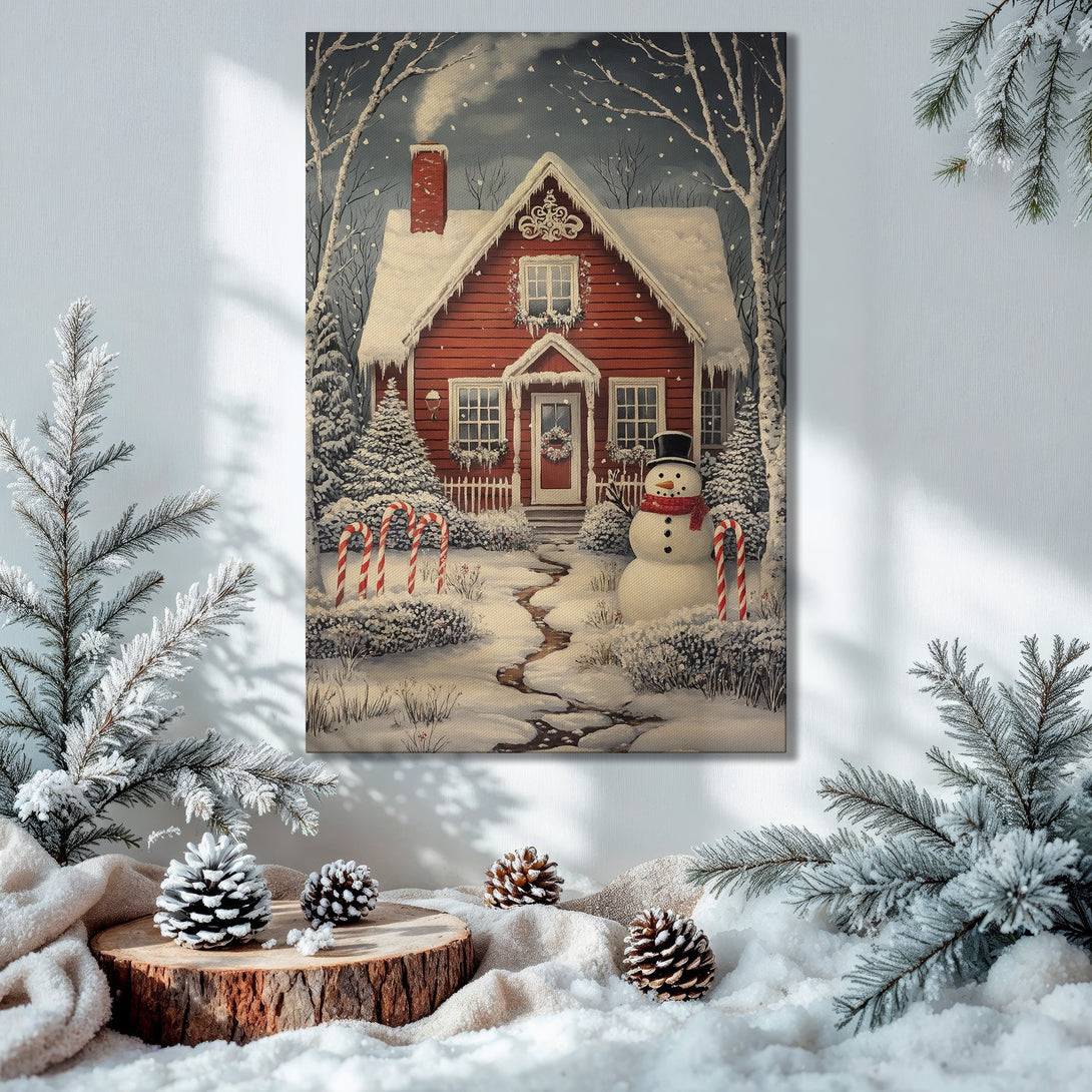 Framed Wall Art: Cozy winter scene Canvas Print of a red house in the snow. Warm color palette, perfect holiday decor.