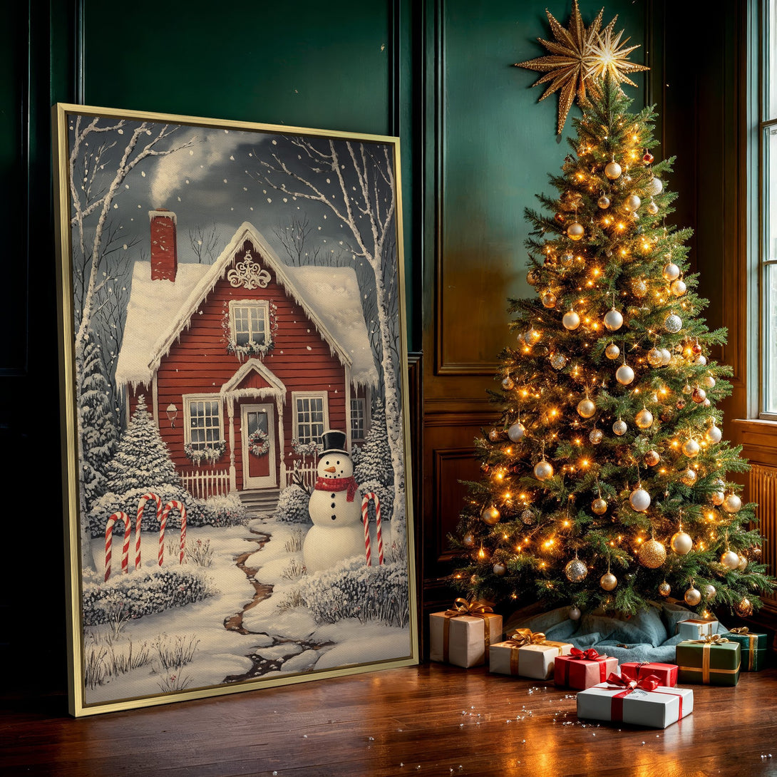 Canvas Print featuring a charming winter scene with a red house, snowman, and candy canes. Cozy, vintage style with a snowy, red and white color palette.
