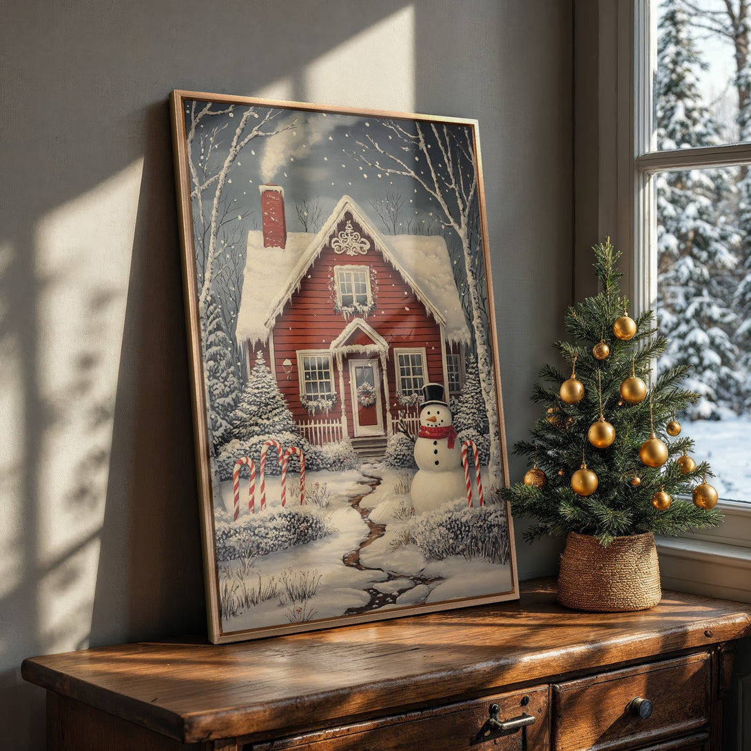 Framed Wall Art featuring a charming winter scene with a red house, snowman, and snowy landscape. Cozy, festive decor in a warm color palette.