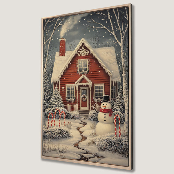 Framed Wall Art: Cozy winter scene with a red house, snowman, and snowy landscape. Warm, inviting color palette. Perfect for holiday decor.