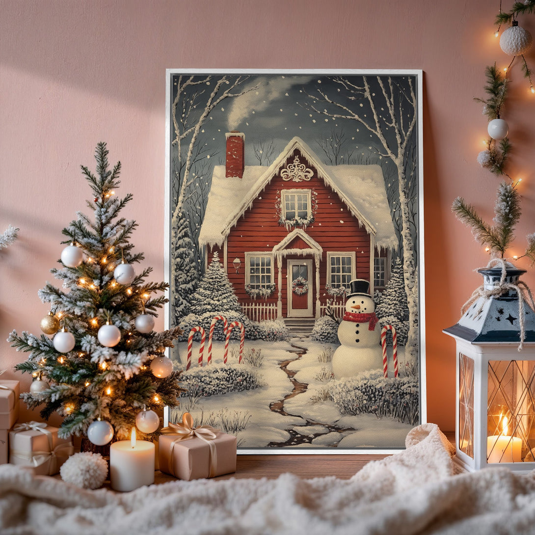 Framed Wall Art: Cozy winter scene Canvas Print with a red house, snowman, and snowy landscape. Warm, inviting color palette perfect for holiday decor.
