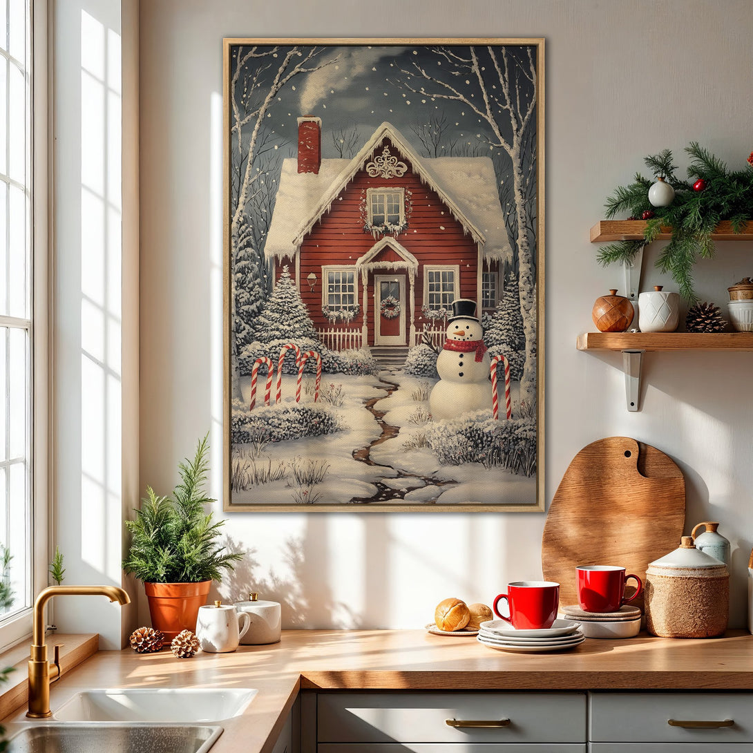 Framed Wall Art: Cozy winter scene Canvas Print featuring a red house, snowman, and snowy landscape. Warm, inviting color palette perfect for holiday decor.