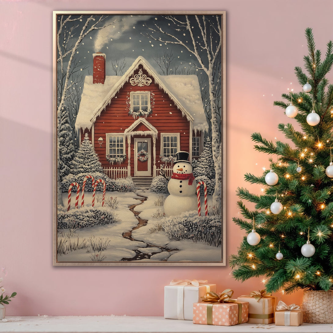 Framed Wall Art: Cozy winter scene Canvas Print featuring a red house, snowman, and snowy landscape. Warm color palette, perfect for holiday decor.