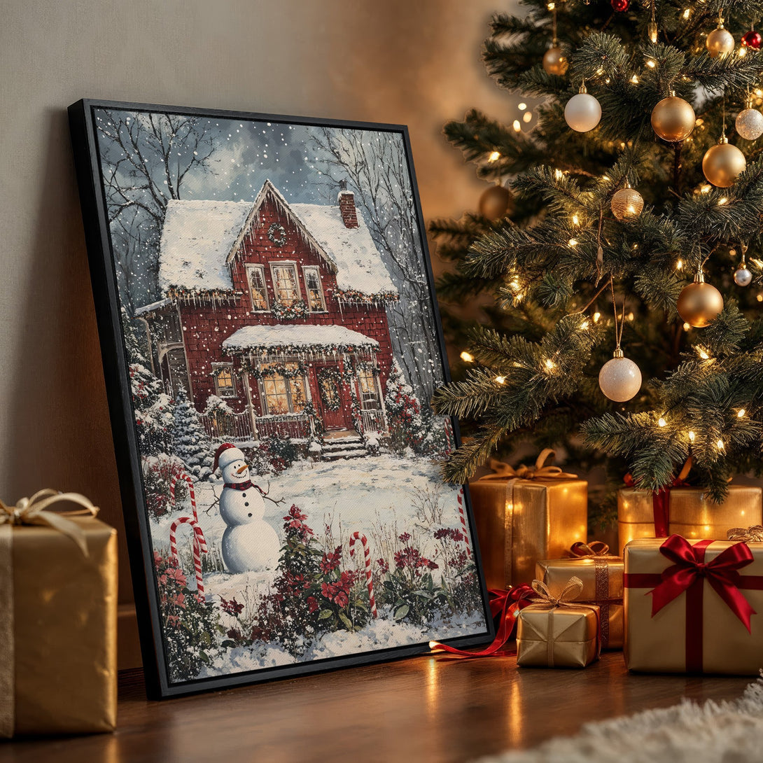 Framed Wall Art: Cozy winter scene Canvas Print of a snowy red house with a snowman. Warm red, white, and green color palette, perfect Christmas decor.