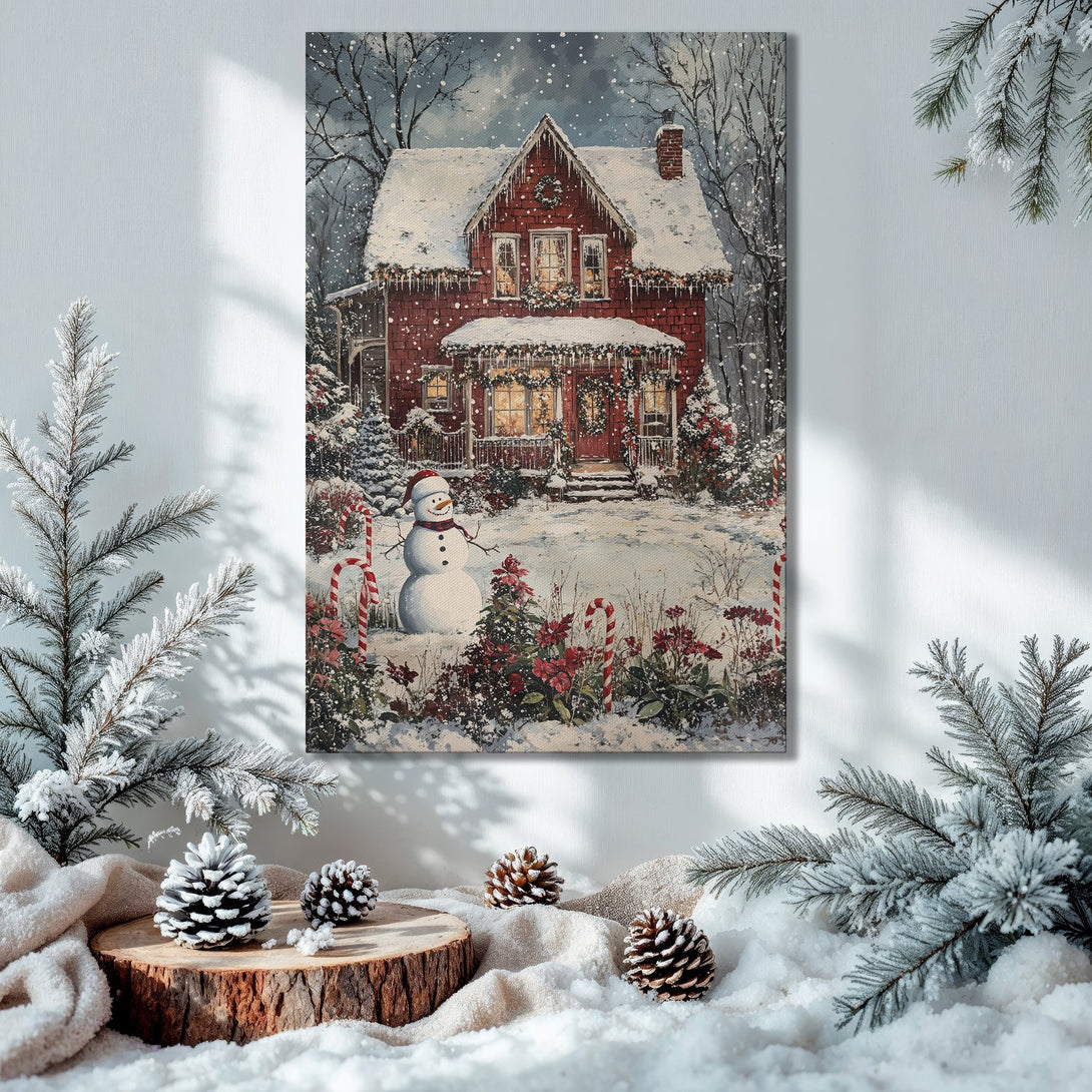 Framed Wall Art: Winter scene canvas print of a snowy red house with snowman, warm colors, perfect for Christmas decor.