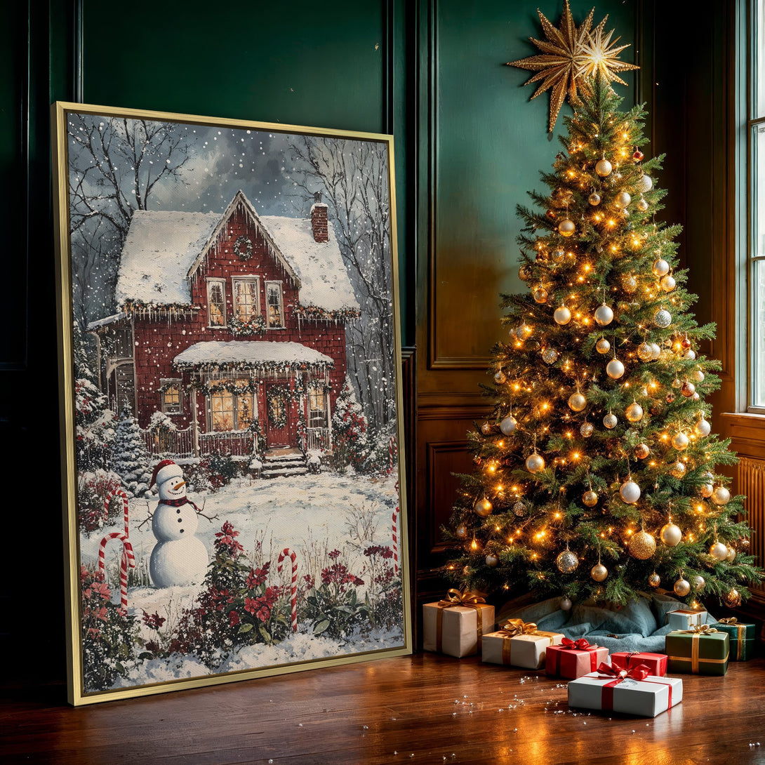Cozy Christmas Canvas Print featuring a snowy red house and snowman. Warm, inviting colors with a vintage, painterly style. Perfect holiday wall art!