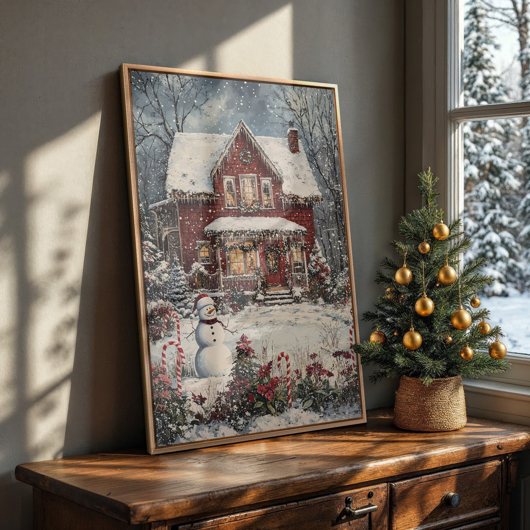 Framed Wall Art: Cozy winter scene Canvas Print featuring a red house, snowman, and snowy landscape. Warm, inviting color palette for holiday decor.