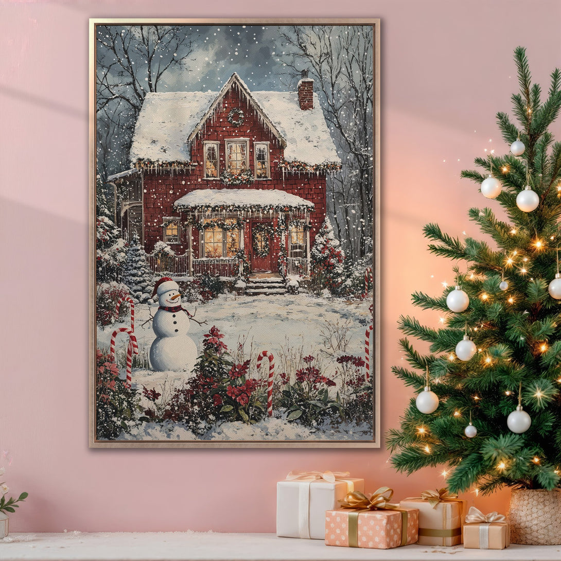 Framed Wall Art: Cozy winter scene with a red house, snowman, and snowy landscape. Warm color palette, perfect for Christmas decor.