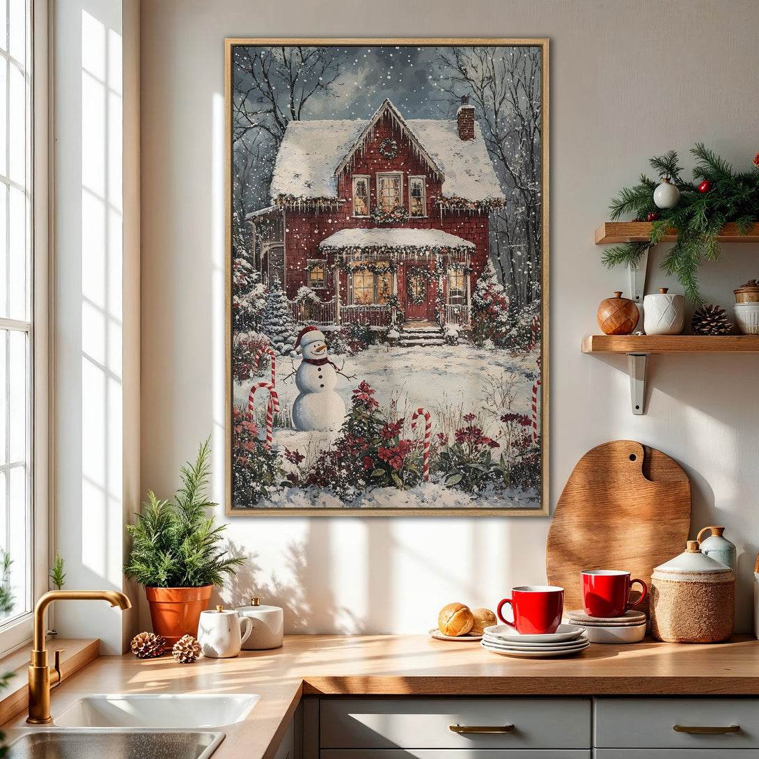 Framed Wall Art: Cozy winter scene Canvas Print. Featuring a red house in a snowy landscape. Warm, inviting color palette for holiday decor.