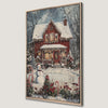 Red House with Snowman Canvas Print Christmas Cottage Art