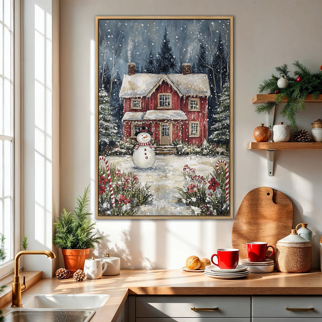 Framed Wall Art: Winter scene canvas print featuring a red house, snowman, and snowy landscape. Warm, inviting color palette for cozy home decor.