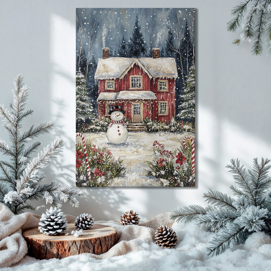 Framed Wall Art: Winter scene canvas print with red house and snowman. Cozy, festive decor in a blue, white, and red color palette.