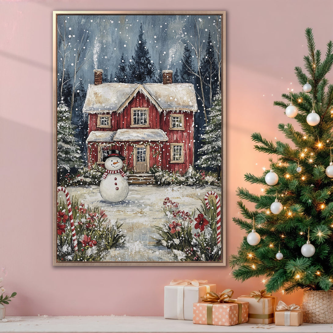 Framed Wall Art: Cozy Christmas scene with red house, snowman, and snowy landscape. Warm, inviting colors perfect for holiday decor.