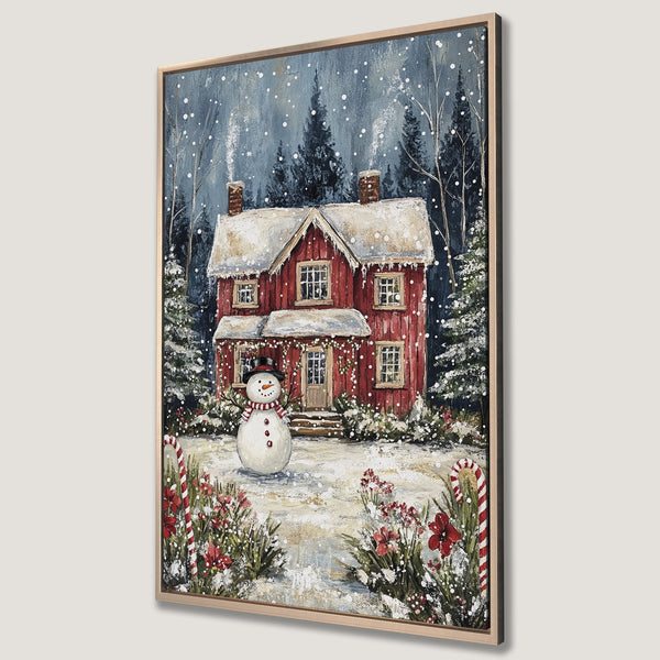 Framed Wall Art: Winter scene with red house and snowman. Charming, painterly style with a snowy blue, red, and white color palette. Perfect holiday decor!
