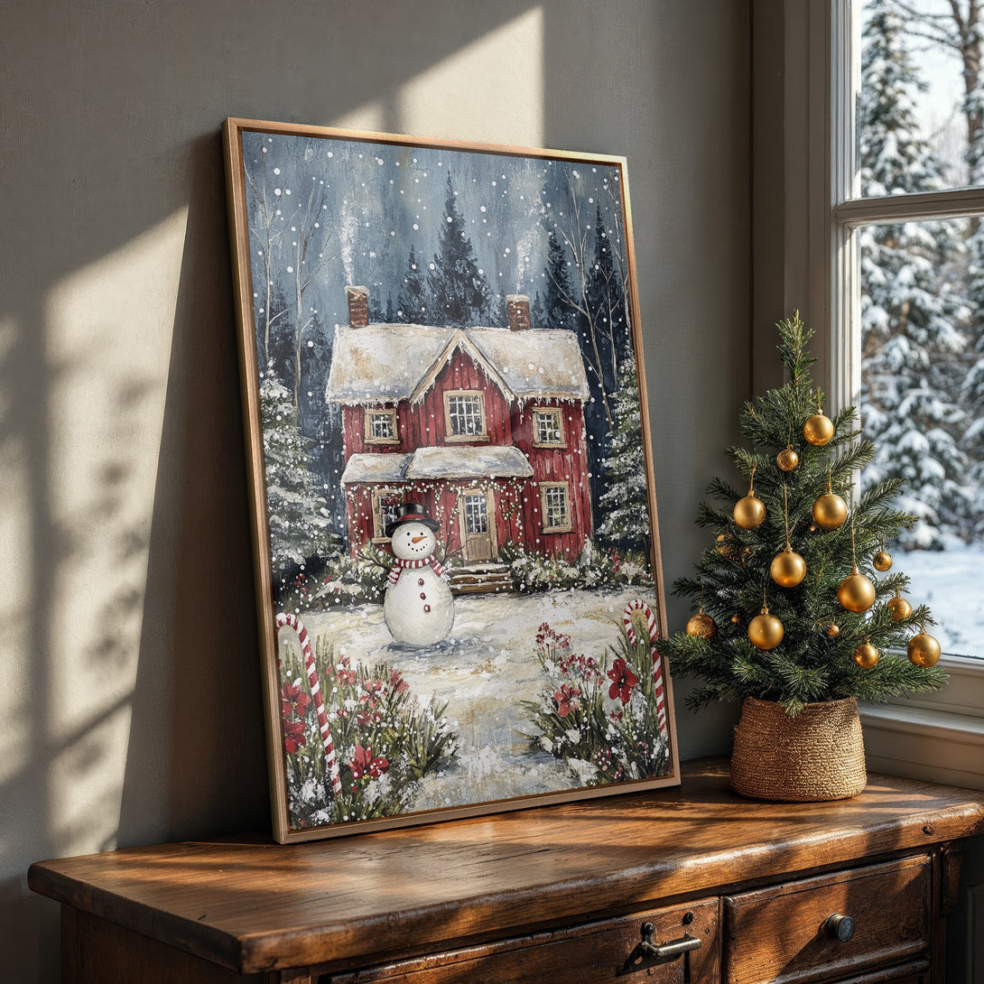 Framed Wall Art: Cozy winter scene Canvas Print featuring a red house, snowman, and snowy landscape. Warm, inviting color palette for holiday decor.