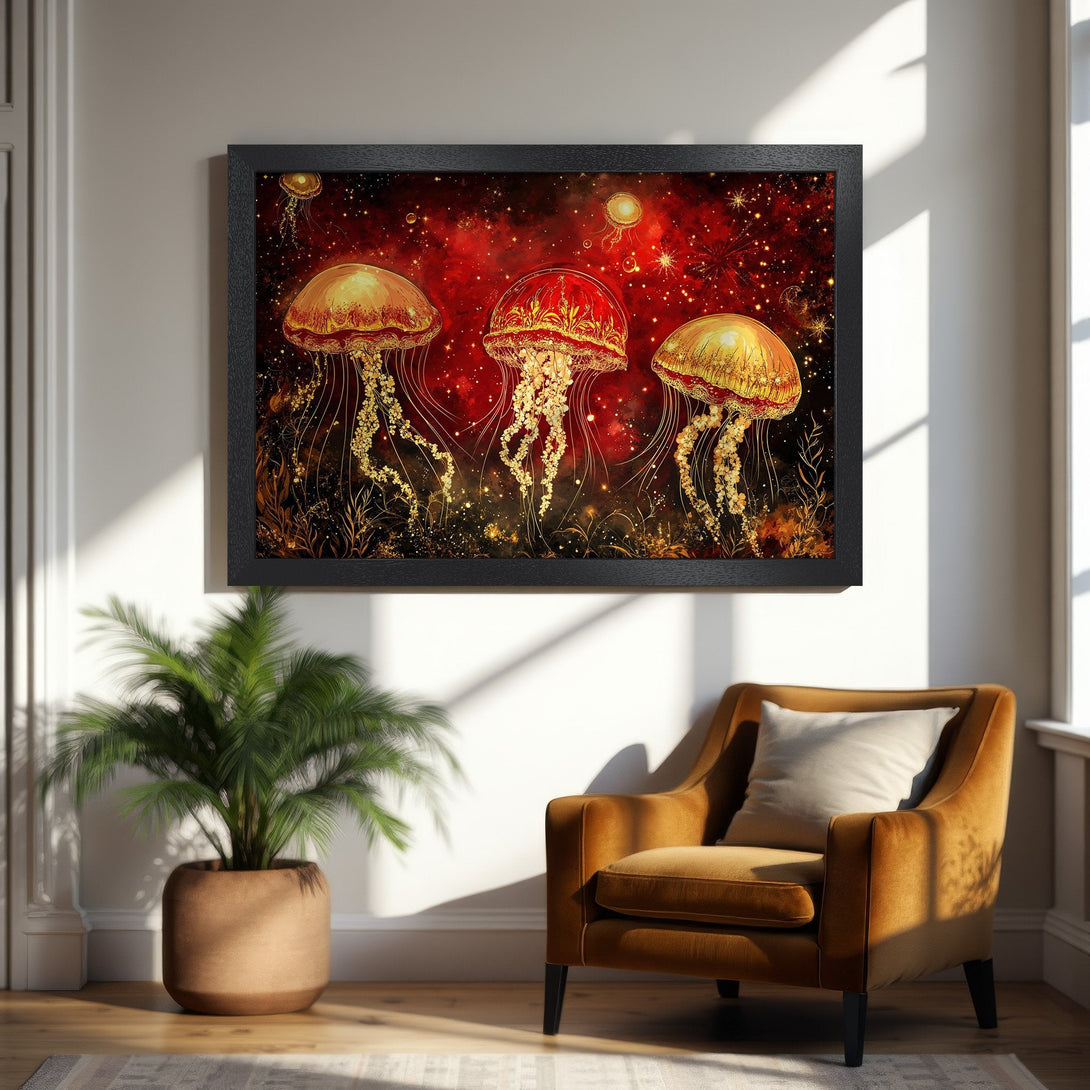 Framed Poster featuring elegant jellyfish art in gold and red tones, perfect for adding a touch of luxury to your home decor.