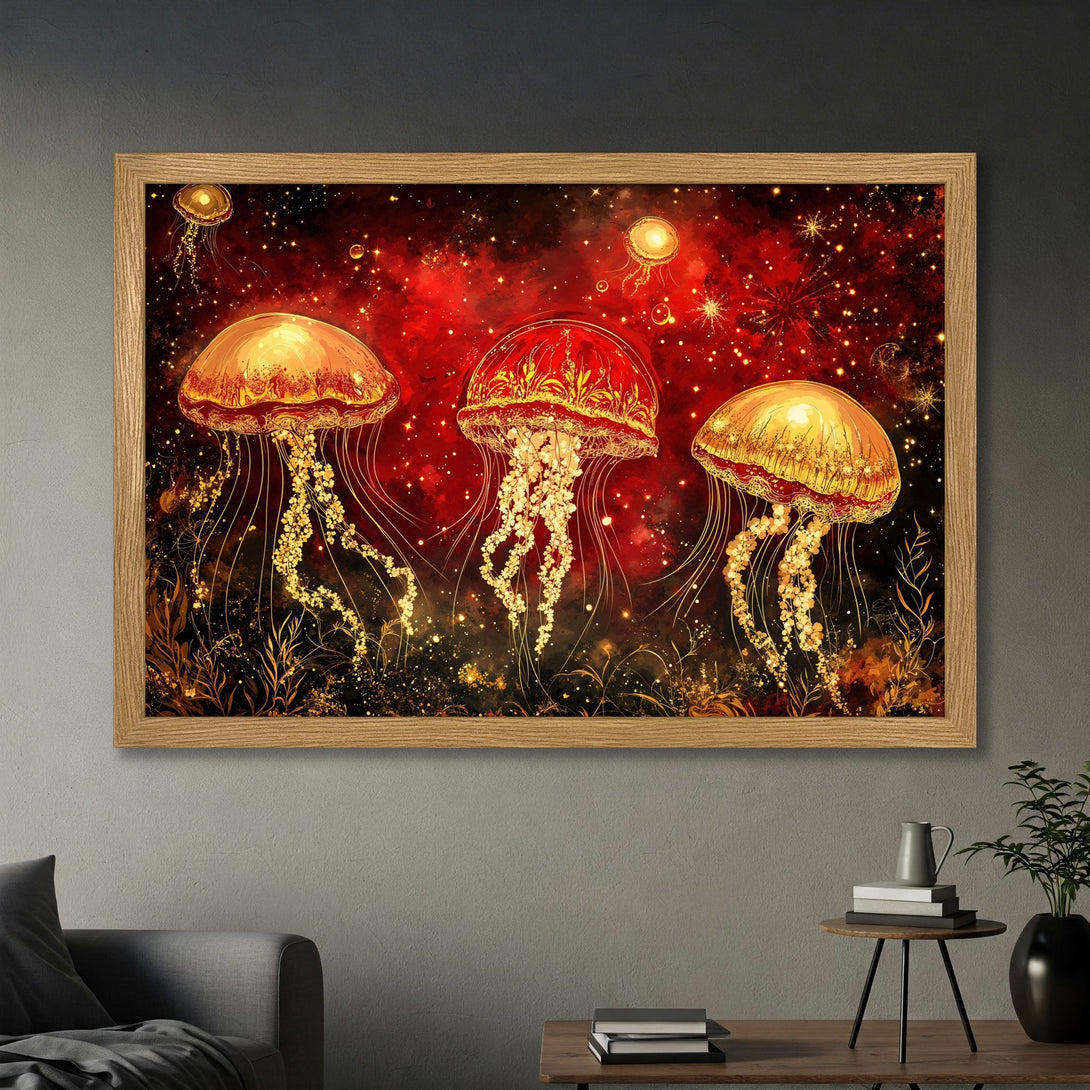 Framed Poster featuring glowing jellyfish in a vibrant red and gold color palette. Unique art print for home decor.