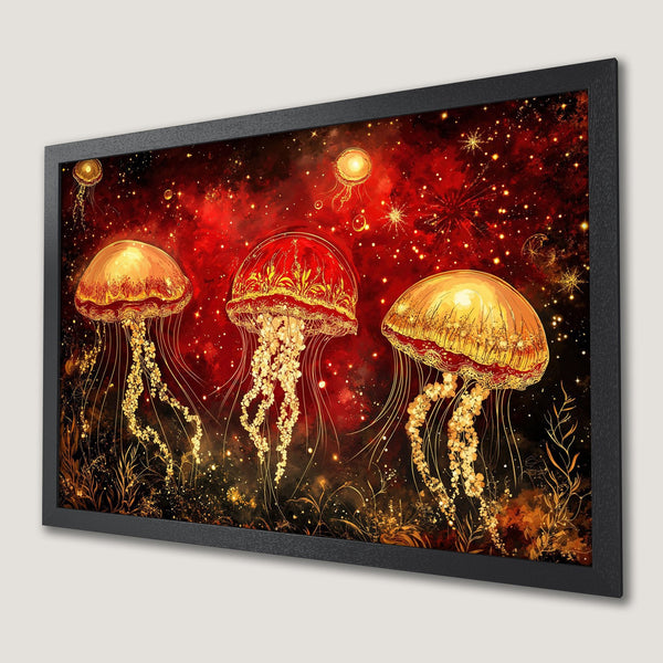 Framed Poster featuring jellyfish in a vibrant red, gold, and black color palette. Artistic style perfect for home decor.