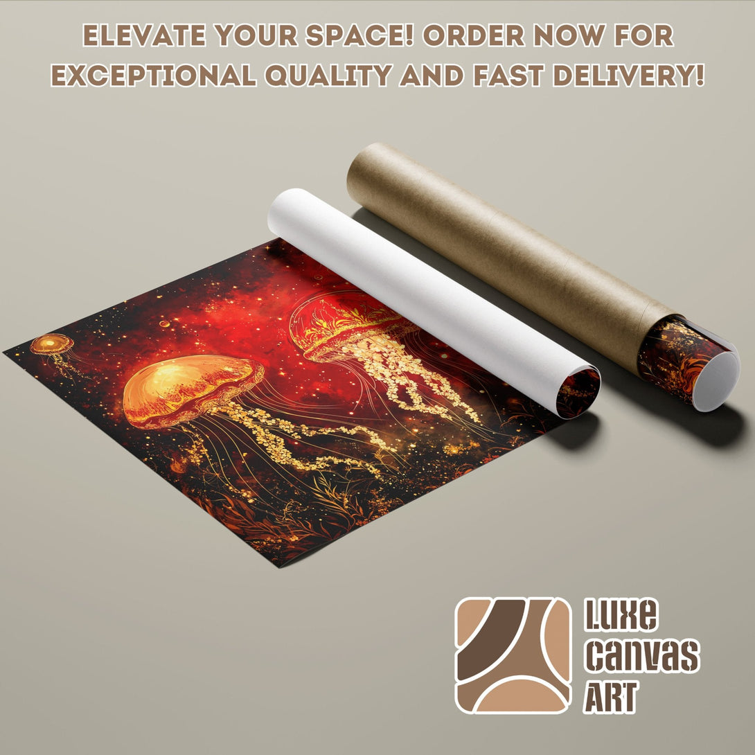 Jellyfish Poster Roll, artistic style, red, gold, and black color palette, elevate your space!