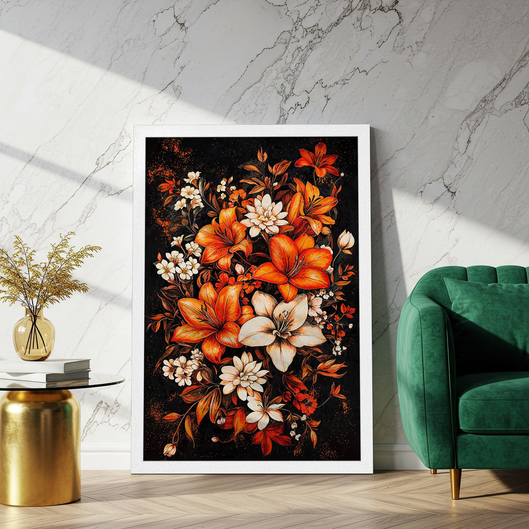 Framed Poster featuring vibrant floral art in orange, white, and black. Perfect wall decor for a stylish home.