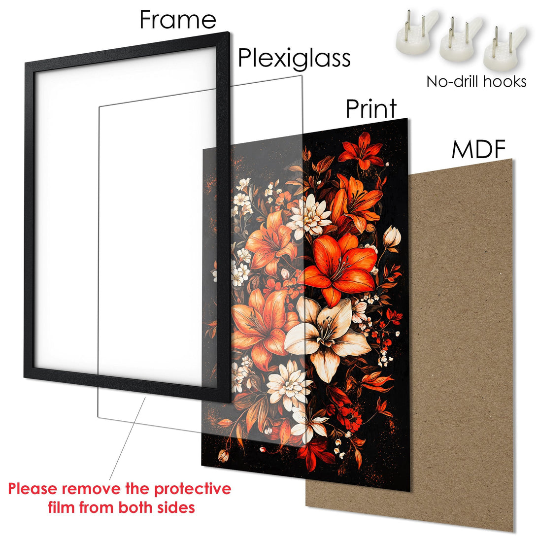 Framed Poster featuring vibrant floral art in orange and white hues on a black background. Modern style, ready to hang!