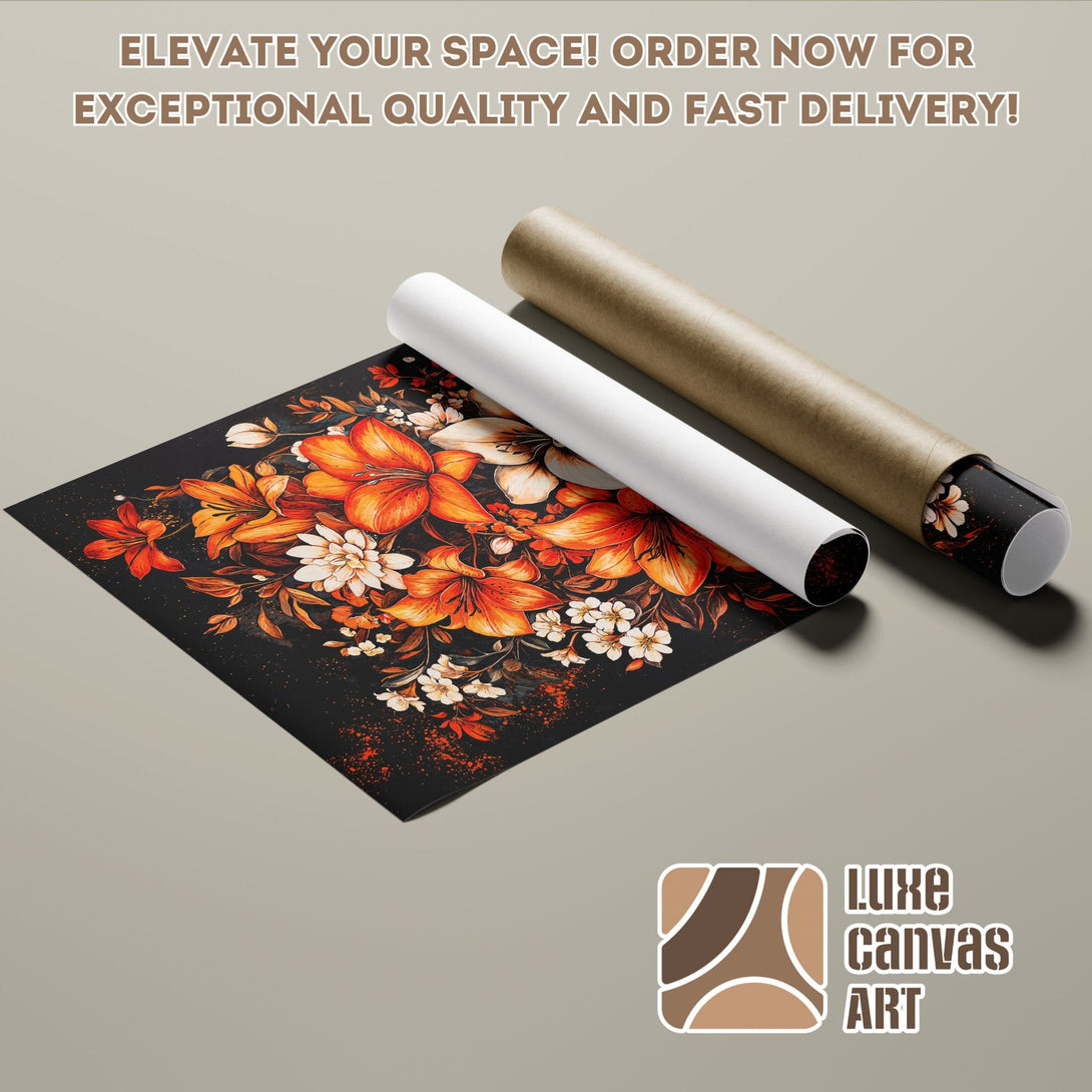 Poster Roll featuring floral art in warm orange and black tones. Elevate your space!
