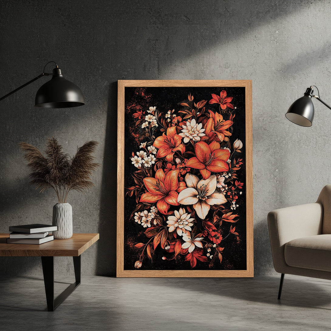Framed Poster featuring vibrant floral art in orange and white hues against a black background. Perfect wall decor!