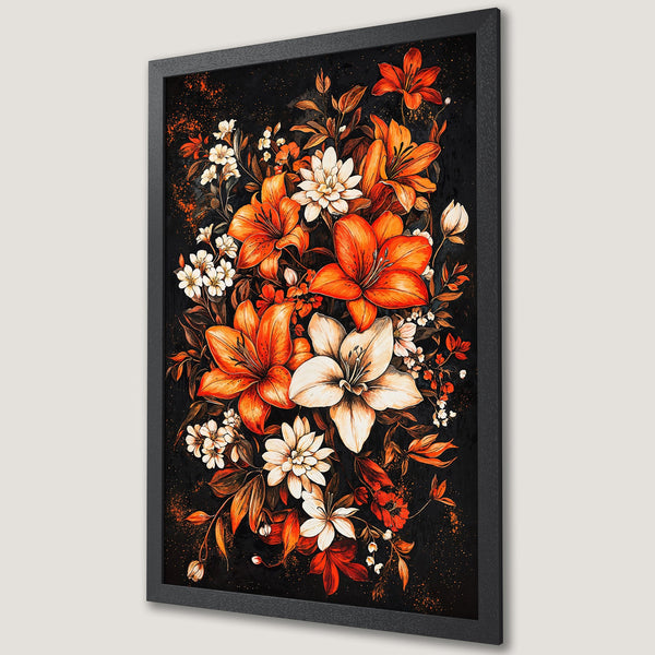 Framed Poster featuring vibrant floral art in orange and white hues against a black background, perfect for adding a touch of elegance.