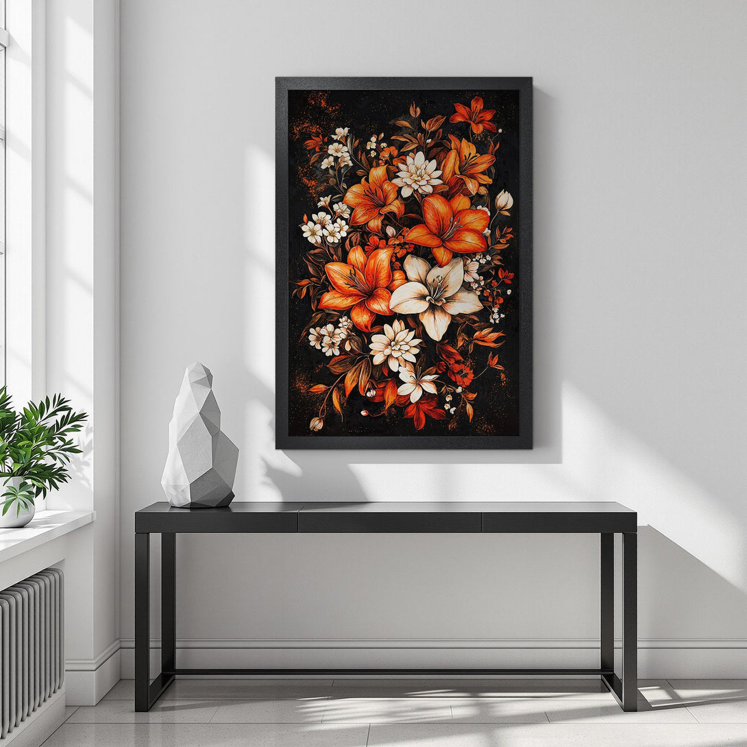 Framed Poster of vibrant floral art in orange, white, and black. Modern style, perfect for home decor.