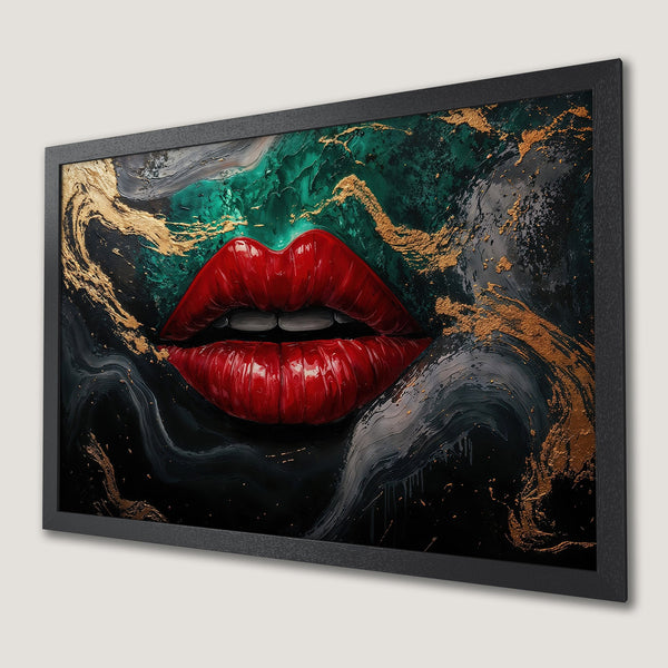 Framed Poster of bold red lips, abstract style, with green, gold, and black color palette. Modern art for your home!
