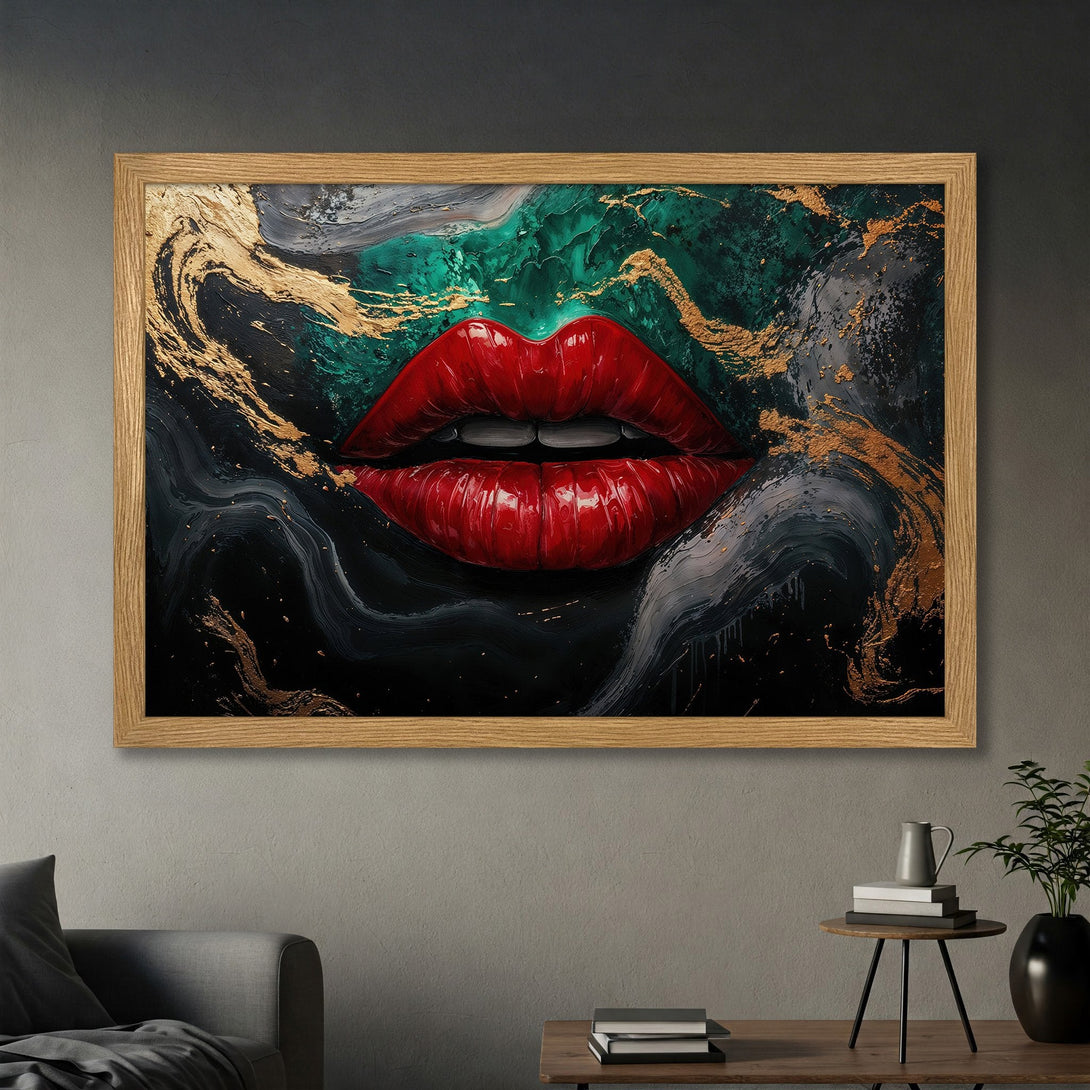 Framed Poster of vibrant red lips, abstract art style, with a dark, emerald, and gold color palette. Add a touch of glamour to your space!
