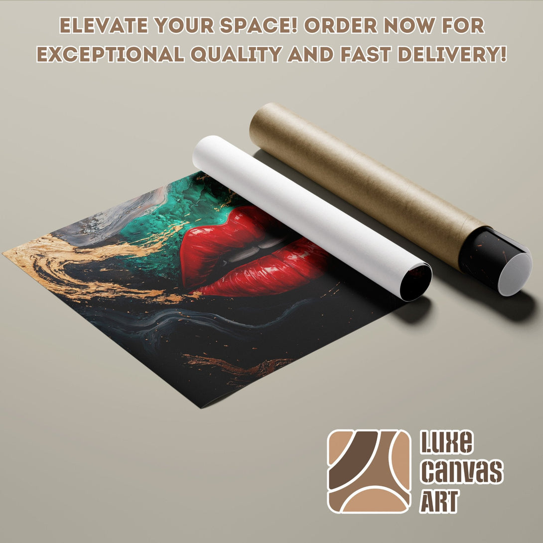 Abstract art Poster Roll with red lips, green and gold accents. Modern decor in dark, moody colors.