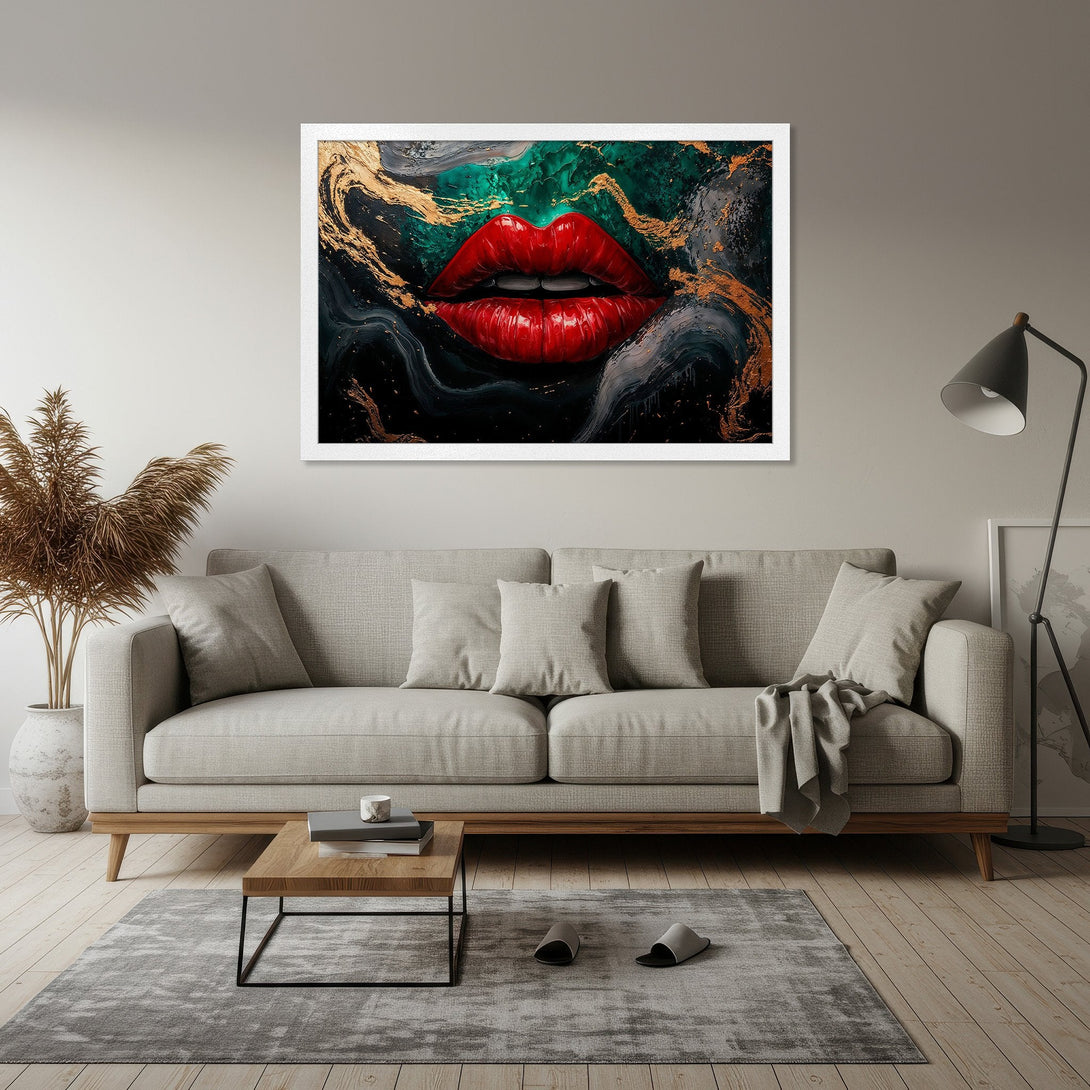 Framed Poster featuring bold red lips on abstract art with green, black, and gold tones. Modern wall decor for any room.