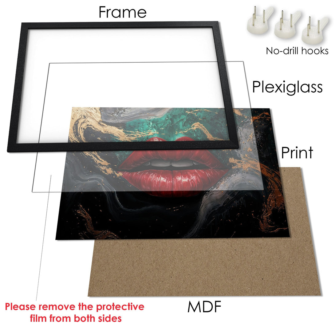 Framed Poster featuring abstract art with red lips, green, black, and gold tones. Modern wall decor for your home.
