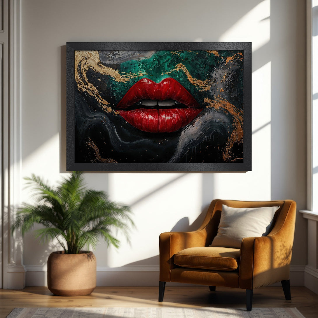 Framed Poster featuring bold red lips against an abstract, dark, and gold background. Modern art print for home decor.