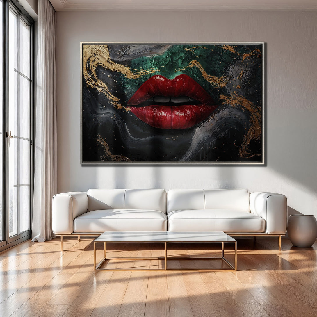 Framed Wall Art: Bold red lips abstract art with gold accents. Modern canvas print in a luxurious interior, featuring a black, green, and gold color palette.
